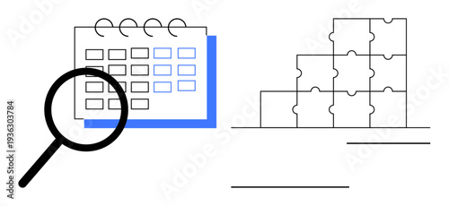 Task management concept. Task management ed with a magnifying glass over a calendar and puzzle pieces stacked in formation. Task management for planning, organization, and problem-solving. Applicable