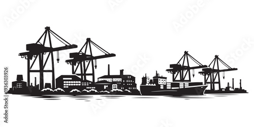 Port Industrial Skyline Silhouette, Silhouette Vector, Isolated on White Background