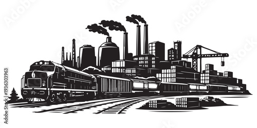 Rail Yard Industrial Skyline Silhouette, Silhouette Vector, Isolated on White Background