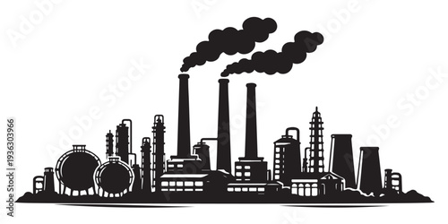 Manufacturing Plant Skyline Silhouette, Silhouette Vector, Isolated on White Background