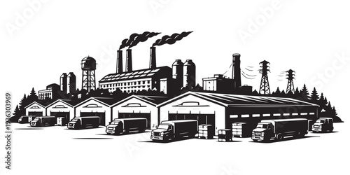 Industrial Zone Silhouette, Silhouette Vector, Isolated on White Background