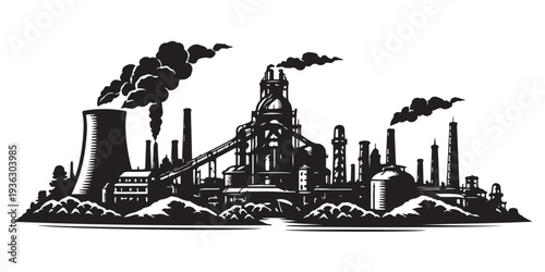 Steel Mill Skyline Silhouette, Silhouette Vector, Isolated on White Background