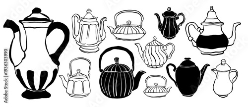 Set of vintage teapot silhouettes and line art illustrations in classic retro style. solid silhouettes ideal for kitchen decor design, cafe branding, tea packaging, menu design, logos, stickers,poster