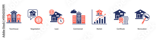 Real Estate Transactions web banner icon vector illustration featuring Townhouse, Negotiation, Loan, Commercial, Market, Certificate, and Renovation.