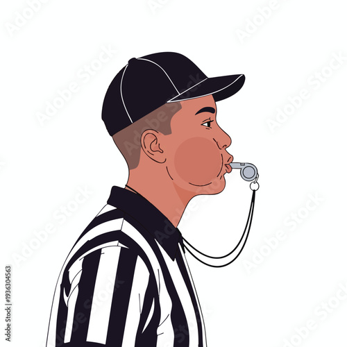 Referee blowing a whistle in a sports game wearing a striped uniform and cap