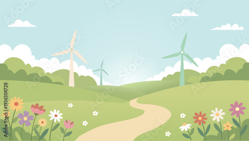 Eco-friendly landscape with wind turbines in a flower meadow. Vector illustration of renewable green energy, sustainable environment, and clean technology concept in a flat design
