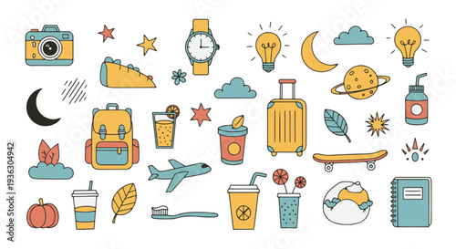 Collection of travel and leisure themed doodle illustrations and icons.