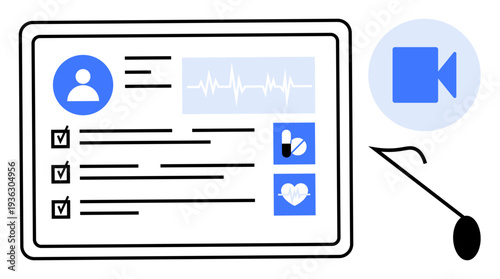 Telemedicine, digital health, patient care, remote diagnosis, virtual consultation, medical technology. A tablet shows a health record with a video call icon and microphone. Telemedicine and digital