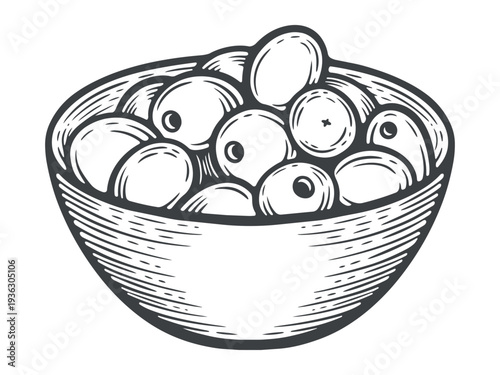 Bowl of fresh olives, mediterranean food, black and white illustration, engraving isolated