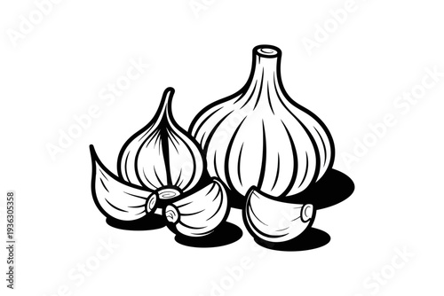 A colorful illustration of garlic bulbs and cloves on a plain background