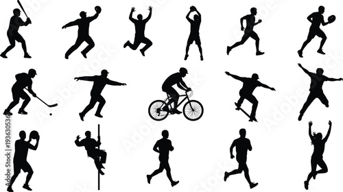 Pest control worker silhouettes spraying chemicals, handling equipment, applying treatments, professional exterminator poses, insect management, vector illustration