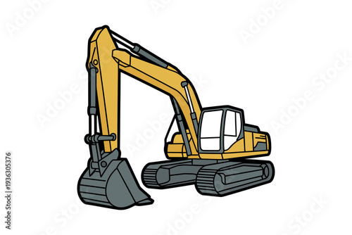 A yellow excavator illustration with a large bucket and tracks