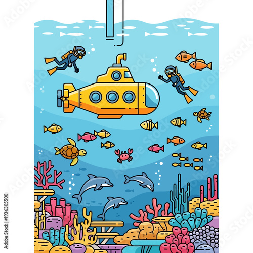 Yellow Submarine Underwater Scene with Divers, Dolphins, Fish, and Coral Reef