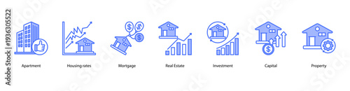 Housing Market Trends web banner icon vector illustration featuring Apartment, Housing Rates, Mortgage, Real Estate, Investment, Capital, and Property.