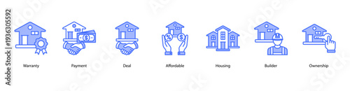 Property Ownership and Management web banner icon vector illustration featuring Warranty, Payment, Deal, Affordable, Housing, Builder, and Ownership.