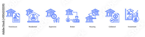 Residential Real Estate Market web banner icon vector illustration featuring Foreclosure, Residential, Expensive, Broker, Housing, Collateral, and Investment.