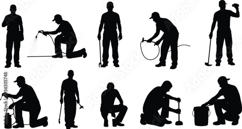 Pest control worker silhouettes spraying chemicals, handling equipment, applying treatments, professional exterminators using tools, insect management, rodent prevention, fumigation activities