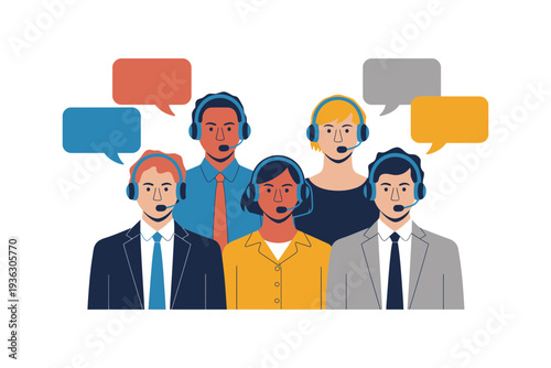 Customer service team wearing headsets and talking to clients online