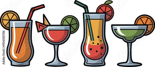 Cocktail vector illustration set with colorful drinks and garnishes