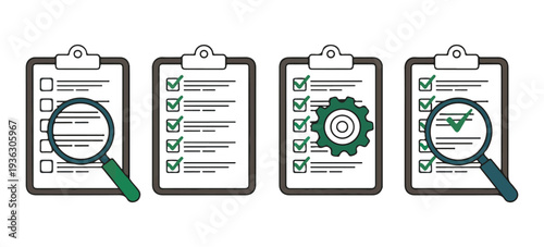 Checklist concept icon set with magnifying glass, cogwheel, and checkmarks for task management