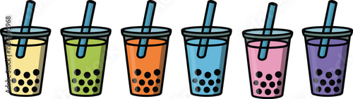 A colorful illustration of bubble tea cups with straws and boba