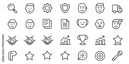 Comprehensive collection of business, people, and success line icons for diverse applications