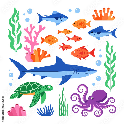 Vibrant Underwater Scene with Diverse Marine Life and Coral Reefs