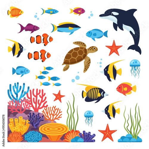 Vibrant Underwater Scene with Diverse Marine Life and Coral Reef