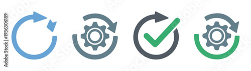 Set of four icons representing process, workflow, completion, and automation with gears and check marks