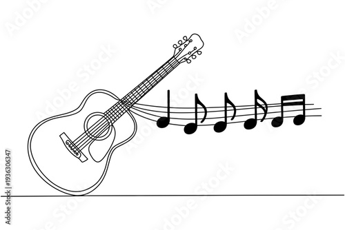 A guitar icon with musical notes in a simple line illustration style