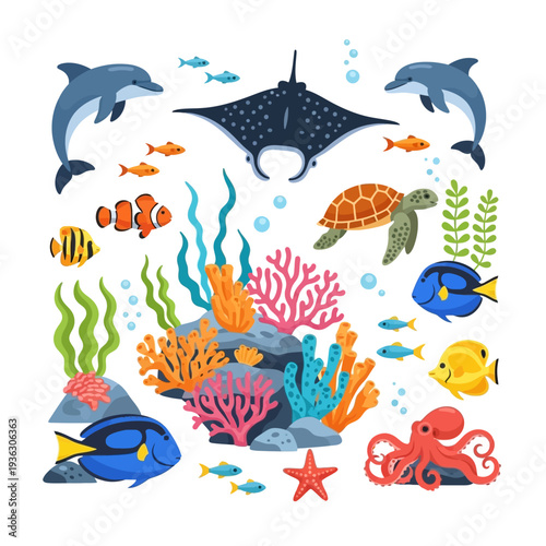 Vibrant underwater scene with dolphins, manta ray, turtle, octopus, and coral reef