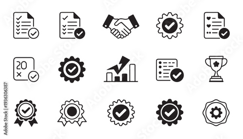Quality assurance and checkmark icons for business certification standard validation and compliance