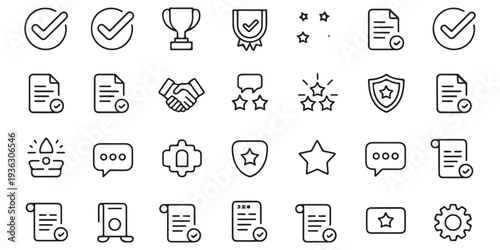 Outline icons for customer review ratings and document approval for business service feedback set