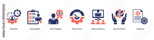 Performance and Sustainability web banner vector illustration featuring Discipline, Accountable, Best Employee, Performance, Video Conference, Save The Planet, and Expenses.