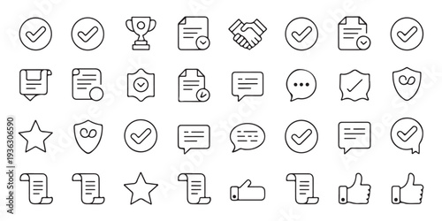Linear icons for success metrics and verified documents for professional business task management