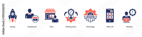 Startup and Employment web banner vector illustration featuring Startup, Employment, Store, Working Hours, Technology, Video Call, and Working.