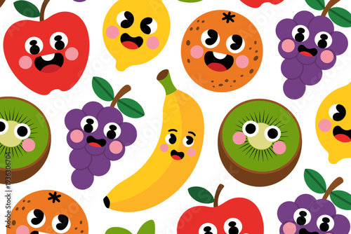 A colorful cartoon fruit pattern with happy faces on a white background