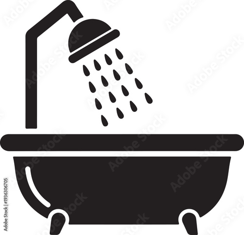Bath tub and shower head with water drops black vector icon. Bathroom, shower sign, glyph isolated symbol.