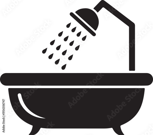Bath tub and shower head with water drops black vector icon. Bathroom, shower sign, glyph isolated symbol.