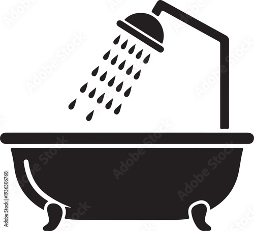 Bath tub and shower head with water drops black vector icon. Bathroom, shower sign, glyph isolated symbol.