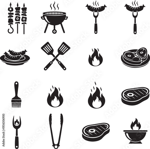 Bbq icons. Barbecue grill icon set with pork steak and chef, sausage fork and tomato sauce, vector illustration
