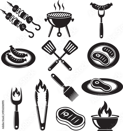 Bbq icons. Barbecue grill icon set with pork steak and chef, sausage fork and tomato sauce, vector illustration
