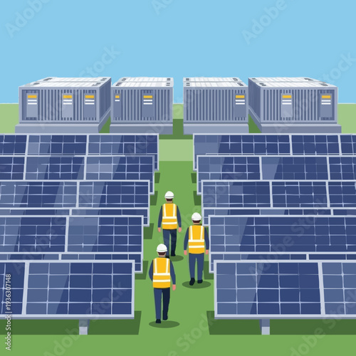 Utility-Scale Solar PV Panels with Maintenance Team Walking Between Rows and Battery Storage – Clean Modern Eco Energy Facility Flat Vector Illustration