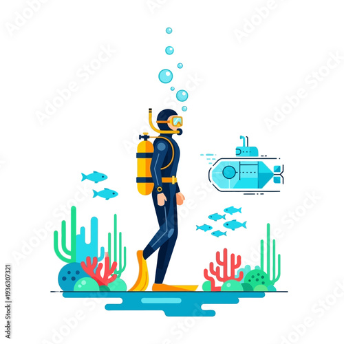 Scuba diver exploring underwater world with submarine and coral reef