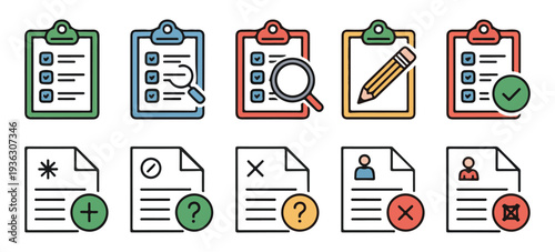 Clipboard checklist and document processing icons with colorful frames magnifying glass and pencils