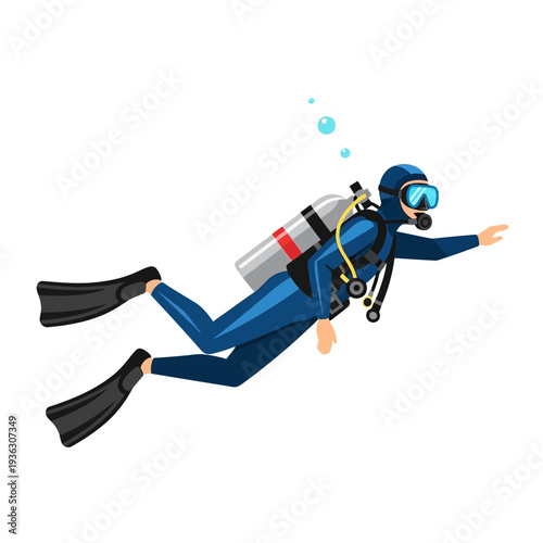 Scuba diver exploring underwater, blue suit, fins, mask, oxygen tank, bubbles