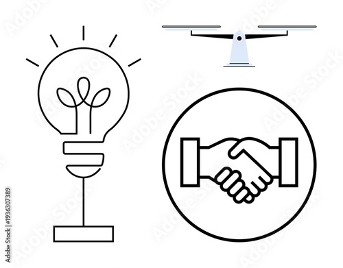Collaboration concept. Symbols of a handshake, lightbulb, and quadcopter innovation, teamwork, and ideas. Collaboration for technology advancement, partnership and creativity goals. For business
