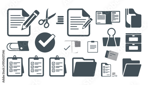 Collection of various office and document related icons in dark gray and white