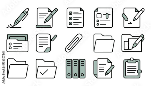 Collection of document and office supplies icons with outline and fill in pastel colors