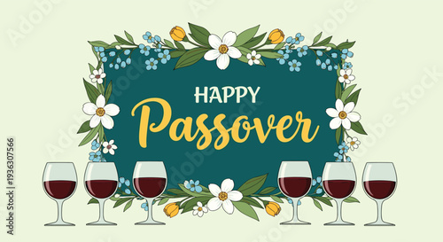 Celebrate the Jewish holiday with this festive Happy Passover greeting card featuring elegant flowers and six traditional wine glasses.